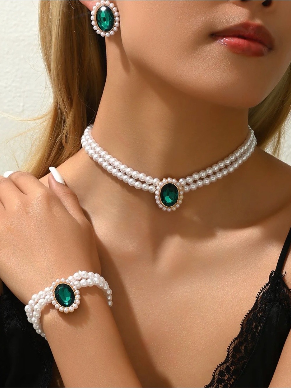 Pearl Choker Necklace, Bracelet, Earring Set with Emerald Green Gem - NWOT